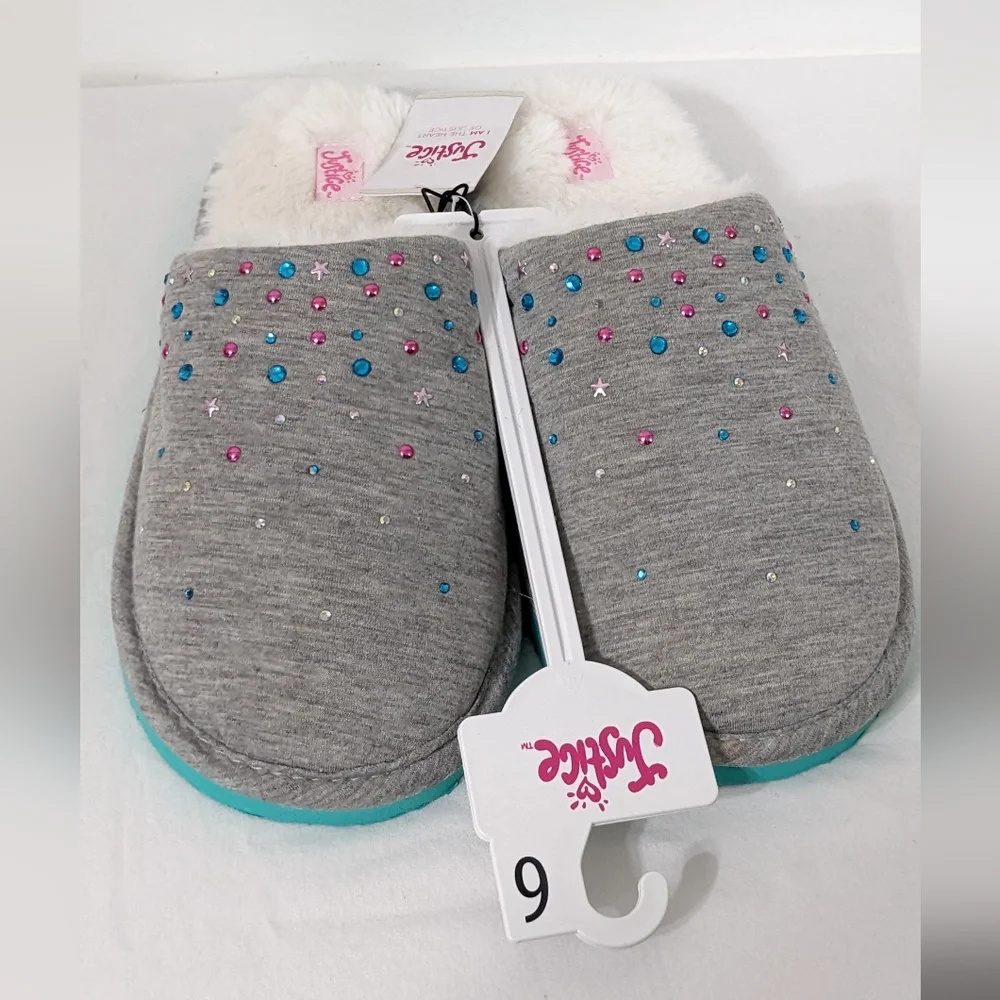 Justice Girls Cozy Gray Rhinestones Scuff Slip On Slippers, Size 6, New With Tag